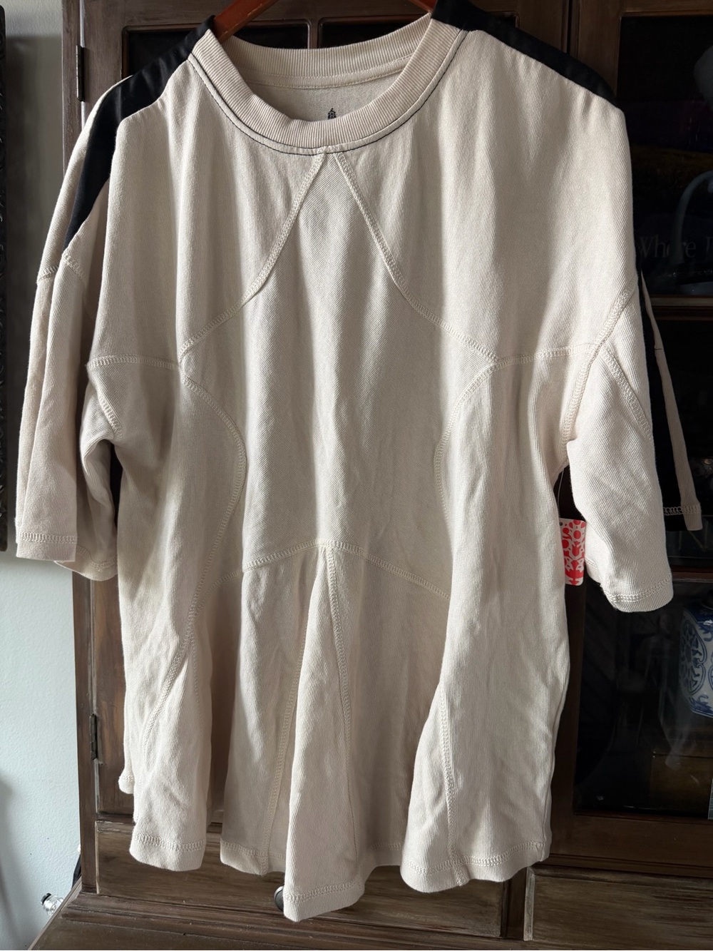 Free People Cream Short Sleeve Top with Black Accent